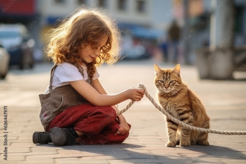 A girl holds a rope with a bow and a cat plays with her on the street