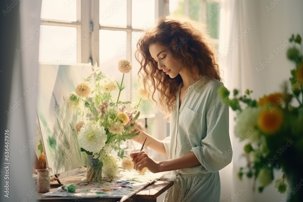 Beautiful woman and vase of flowers in a room with light green wallpaper.