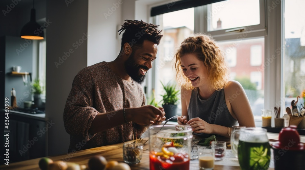 Black man and chinese woman cooking breakfast together.