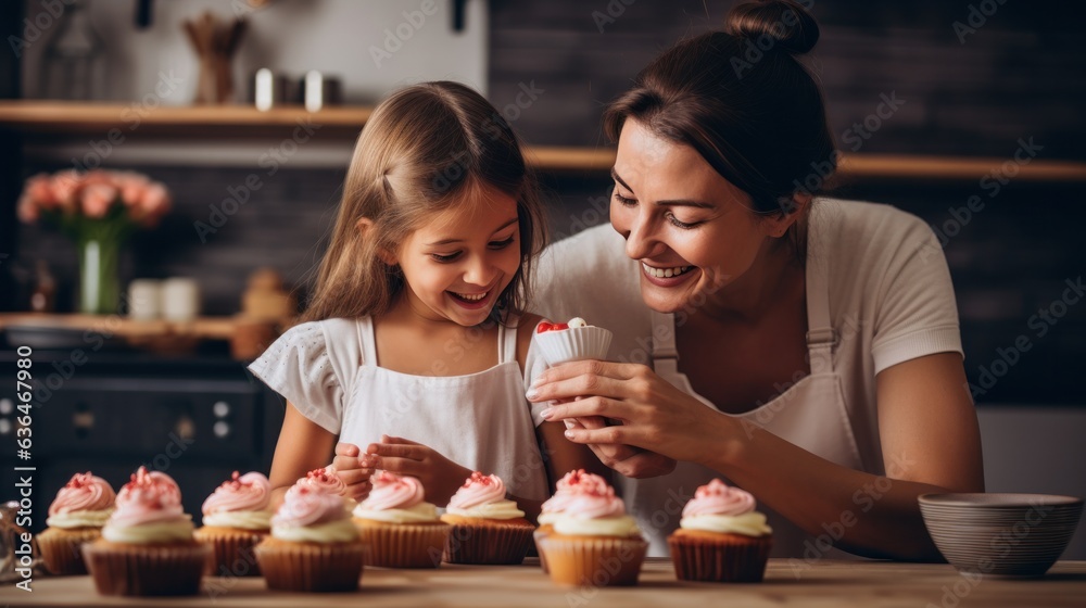 A beautiful girl of 10 years old bakes cupcakes with her mother in a kitchen.