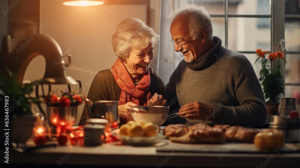 Old couple cooking breakfast together