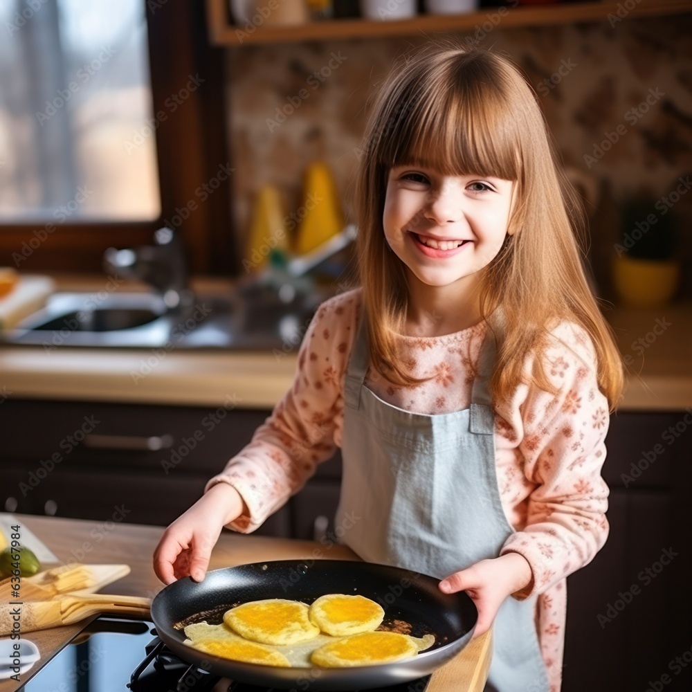 A beautiful girl bakes cupcakes with in a kitchen.