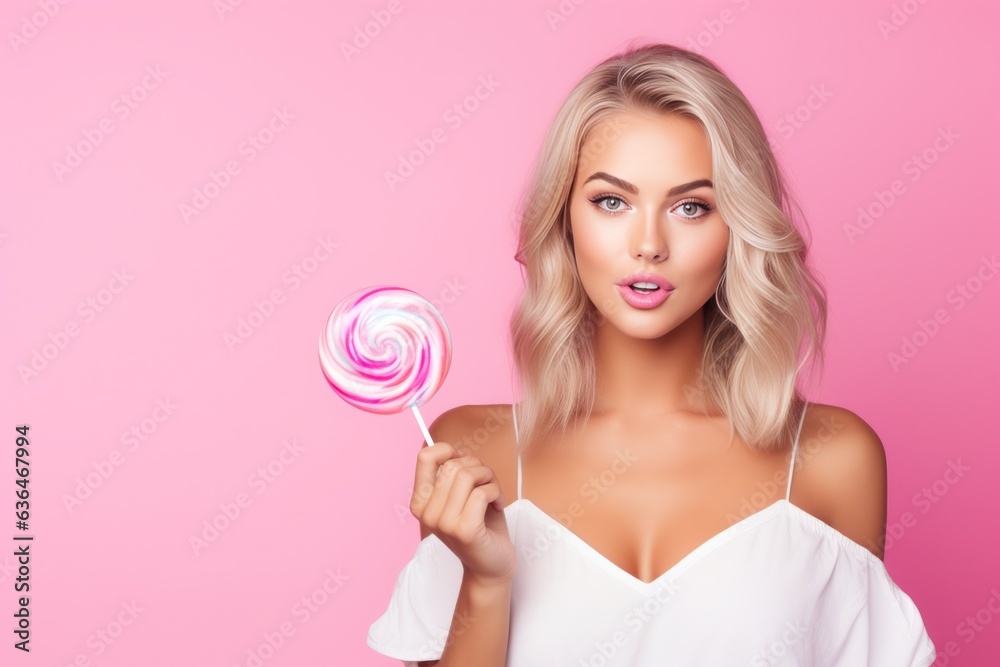 Beautiful Woman Eating Big Pink Lollipop isolated.