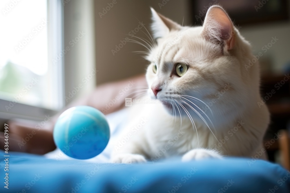 Cat is playing with blue ball