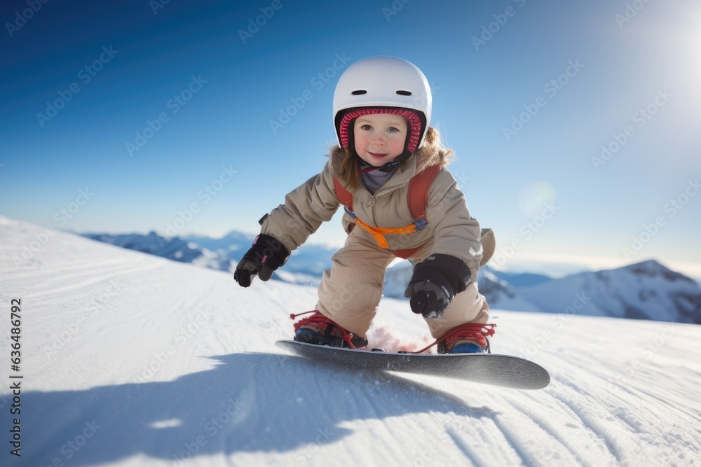 Cute child snowboarding down the slope