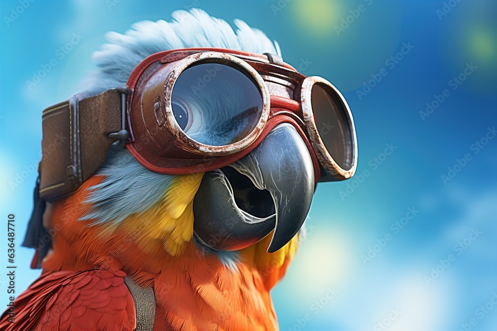 Parrot with glasses on background of blue sky.