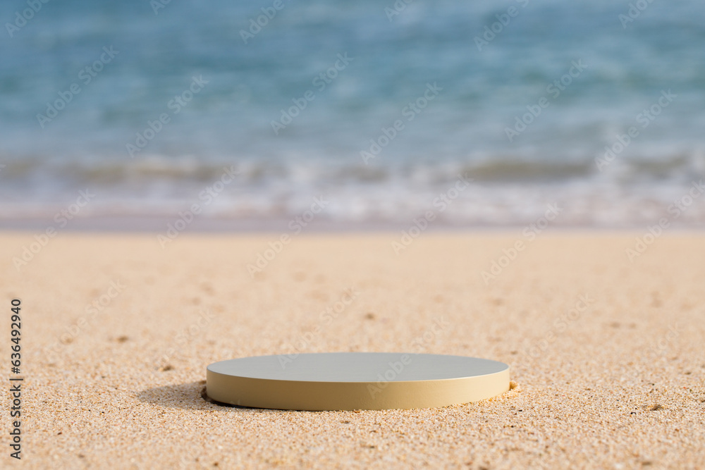 Beige platform on the beach for standing product against the ocean background