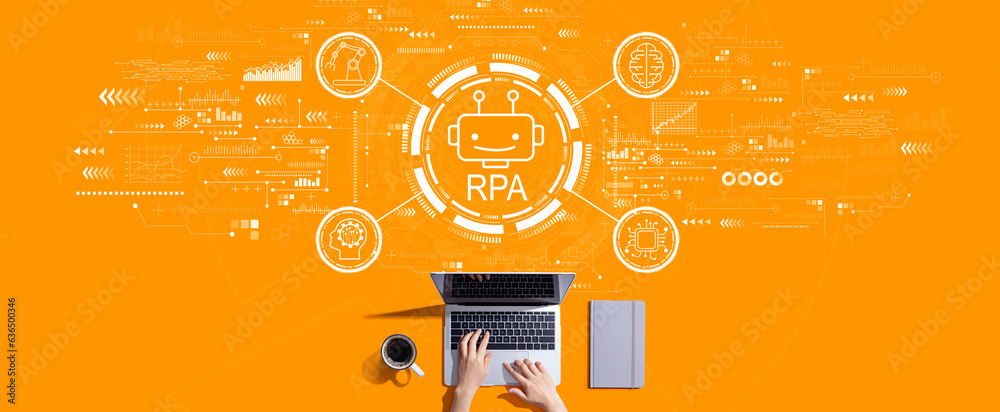 Robotic Process Automation RPA theme with person working with a laptop