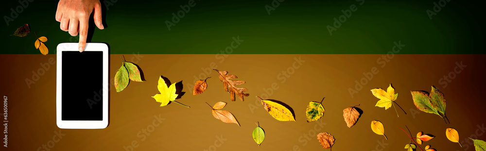 Autumn leaves with person using a tablet computer from above