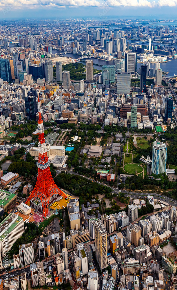 Aerial view of Tokyo Tower in Minato City, Tokyo, Japan