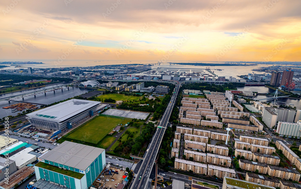 Aerial view of Odaiba Harbor in Minato City, Tokyo, Japan