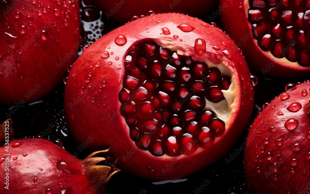 Backdrop Featuring CloseUp of Ripe Red Pomegranates. Generative AI