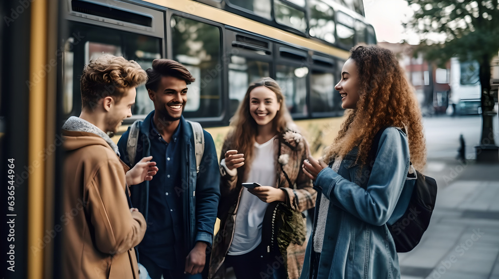 Diverse group of university friends smiling and catching up at bus stop, Happy young university stud