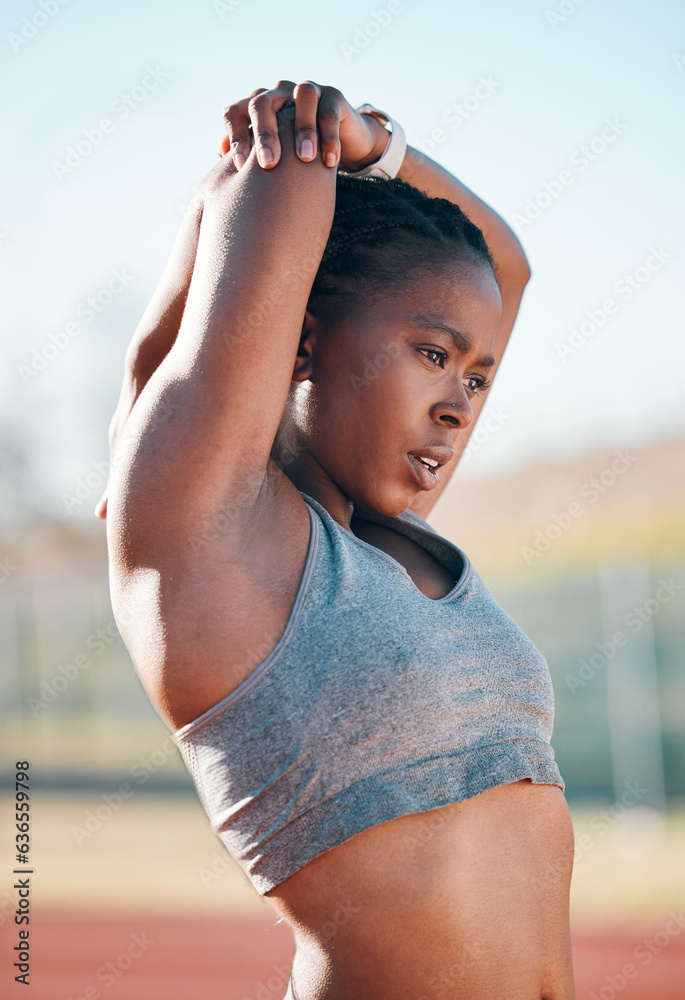 Sports, exercise and woman stretching outdoor at a stadium for workout, training and warm up. Africa