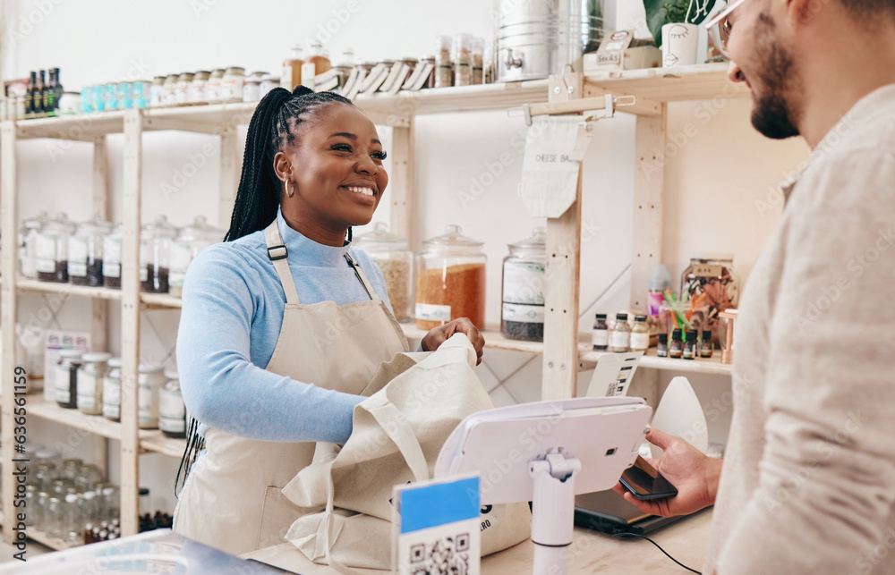 Sustainable shop, cashier and client with store purchase, woman and customer service with small busi