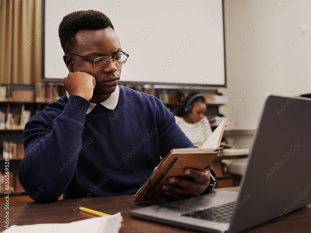 University, education and black man student reading and learning in a college for knowledge developm