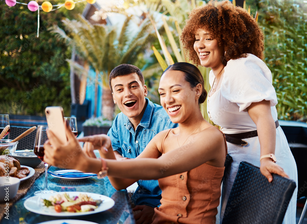 Friends, food and selfie at brunch table for holiday, Christmas or thanksgiving on social media and 