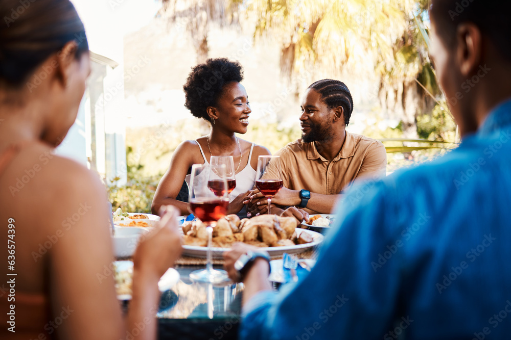 Wine, happy and friends at outdoor restaurant to relax on holiday vacation in summer together. Food,