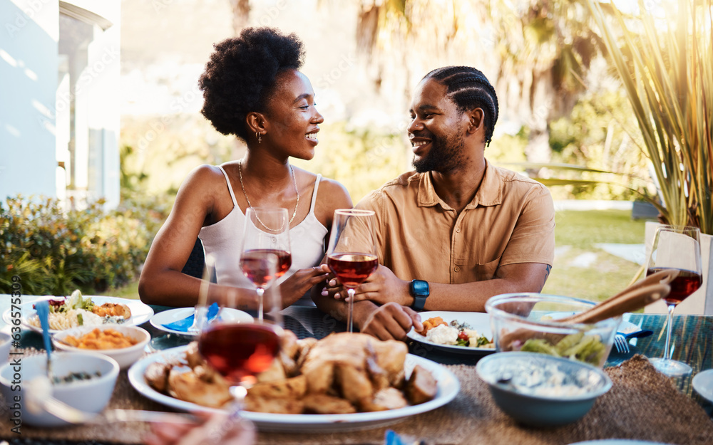 Love, outdoor and black couple with lunch, smile and marriage with celebration, relationship and bon