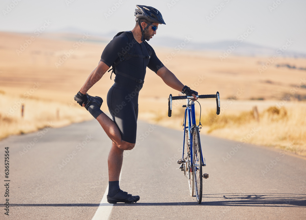 Man, cyclist and stretching on road with bicycle in fitness, training or outdoor sports in countrysi