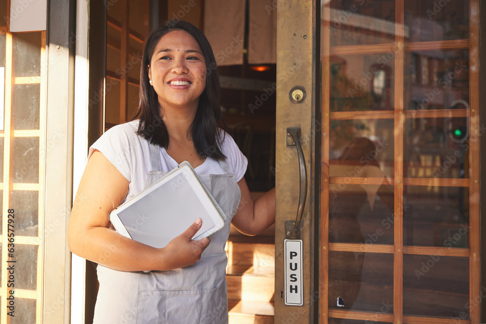 Asian woman, tablet and door of restaurant to welcome service, small business owner or hostess. Mana