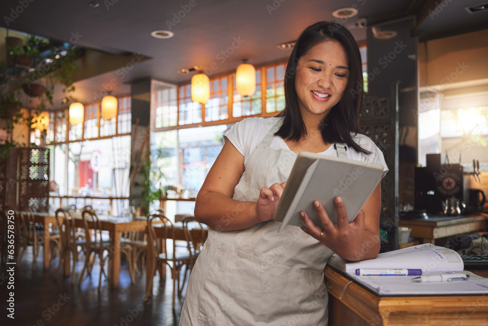 Restaurant, coffee shop and woman online on tablet for food service, inventory and check menu. Fine 