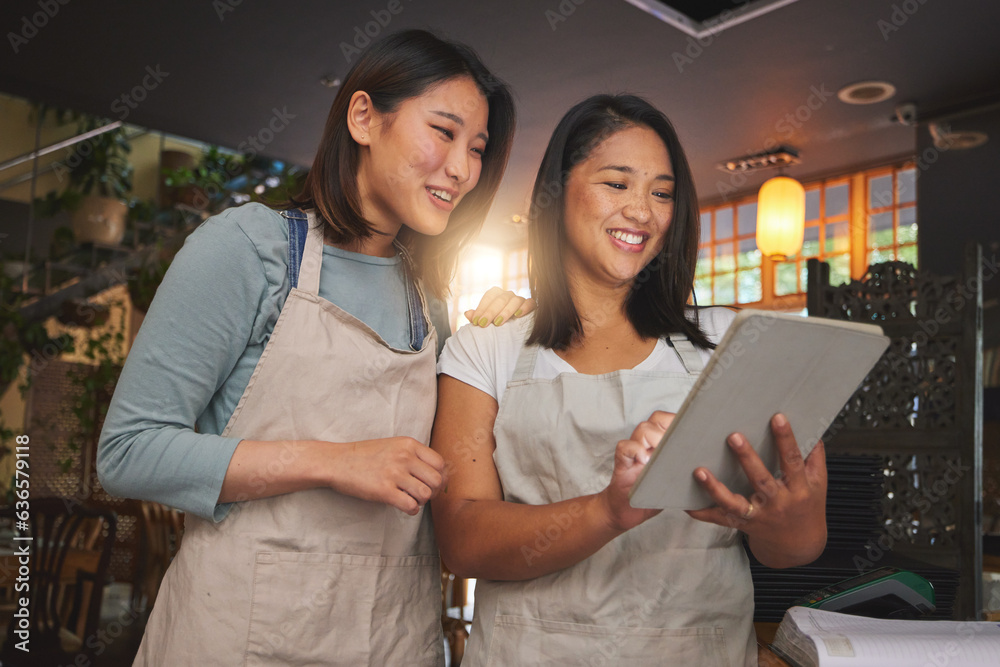 Restaurant, tablet and asian women checking sales, booking or menu promo for small business at count