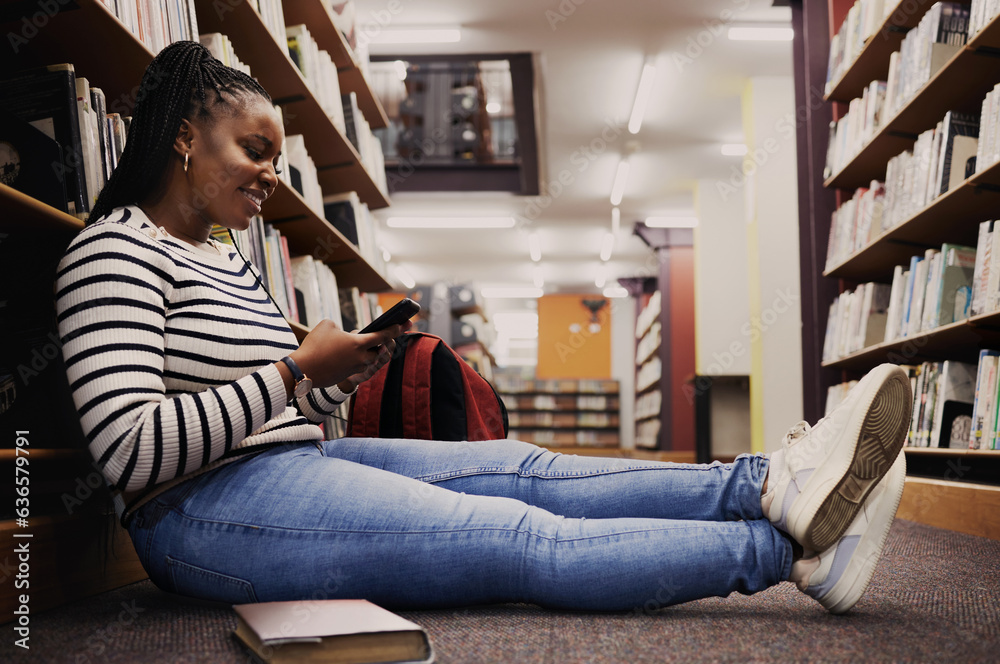 Student, library and woman reading with phone for research, information or browsing internet website