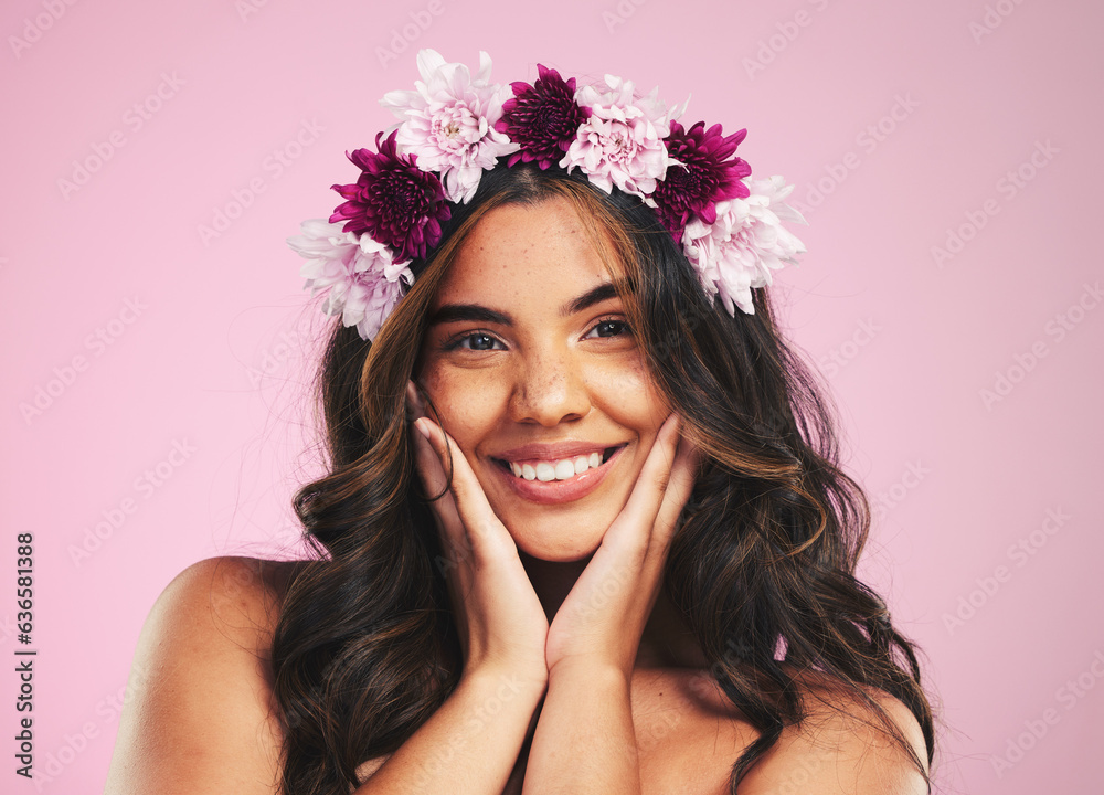 Beauty, flowers and hair with portrait of woman in studio for cosmetics, skincare and wellness. Self