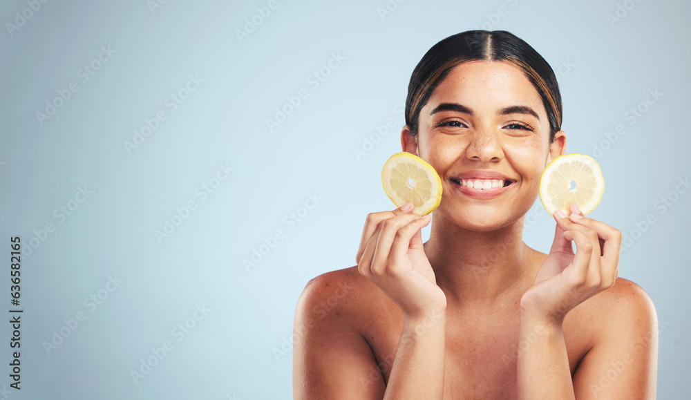 Lemon, skincare and woman portrait in studio for vitamin C, wellness or organic, beauty or detox on 