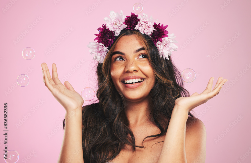 Beauty, flower crown and bubbles with woman in studio for cosmetics, skincare and wellness. Hair car