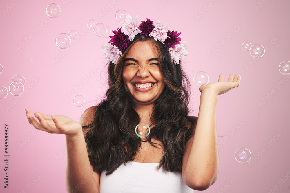 Beauty, flowers and bubbles with portrait of woman in studio for cosmetics, skincare and wellness. H