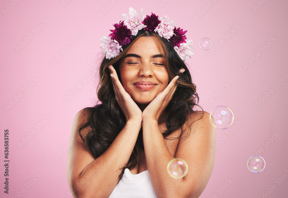 Beauty, relax and bubbles with woman and flower crown in studio for cosmetics, skincare and wellness