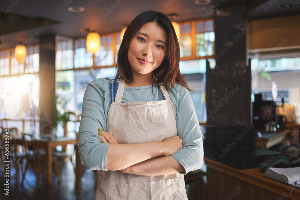 Portrait, asian woman and small business entrepreneur of restaurant with arms crossed for profession