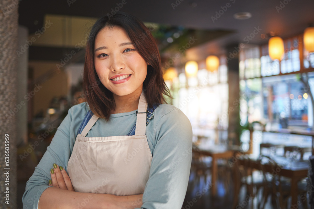 Portrait, happy asian woman or restaurant entrepreneur in small business with arms crossed for profe