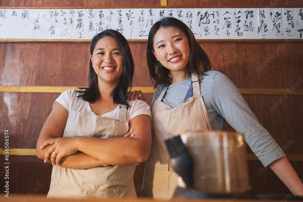 Restaurant, portrait and asian women at counter together with smile, confidence and opportunity at s