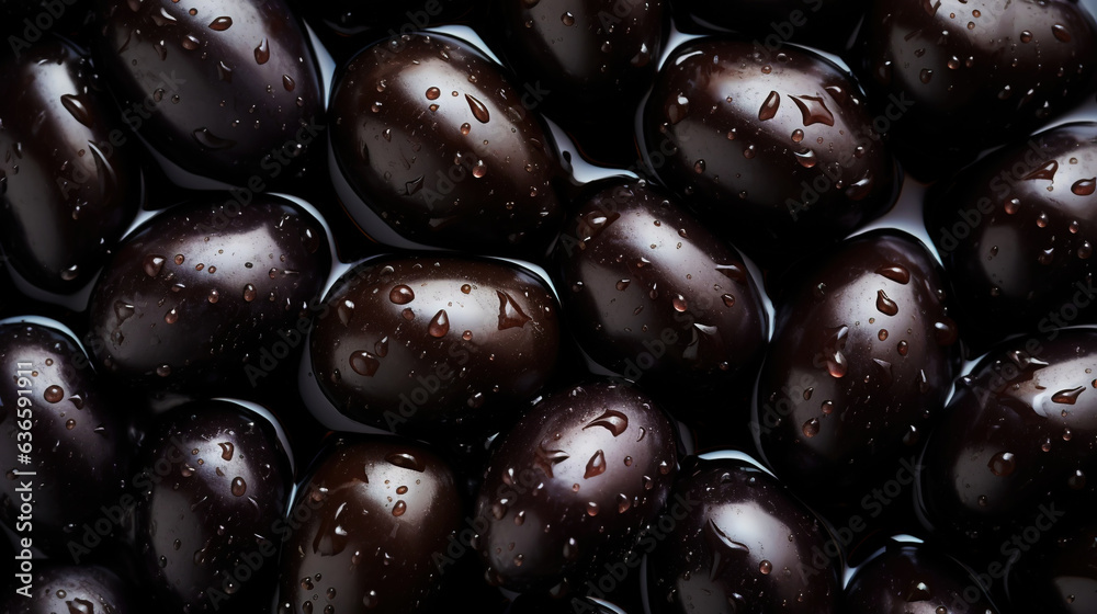 Black olives with leaves and water drops background. Vegetables backdrop. Generative AI