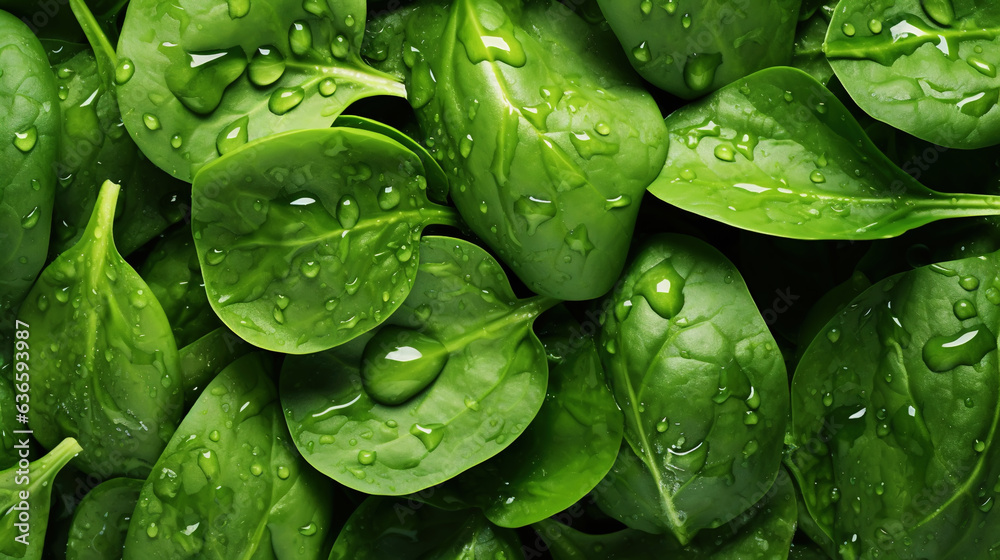 Fresh green spinach leaves with water drops background. Vegetables backdrop. Generative AI