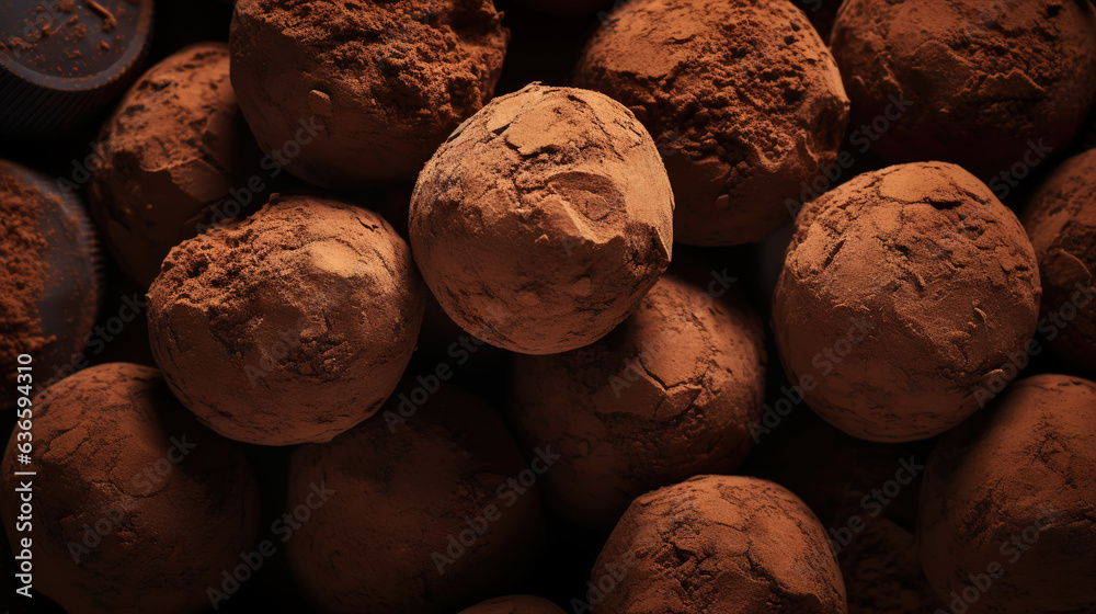 Chocolate truffles background, top view. Sweet cocoa candy. Generative AI