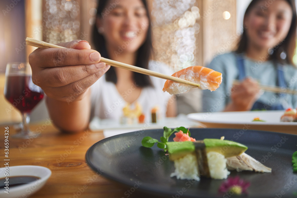 Japanese woman, chopsticks and nigiri in restaurant, smile and excited for fine dining at party. Asi