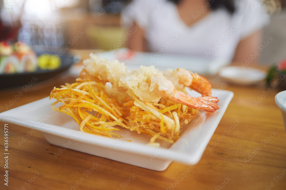 Food, sushi and cuisine on a table in a restaurant for a traditional asian dish or meal closeup. Sea