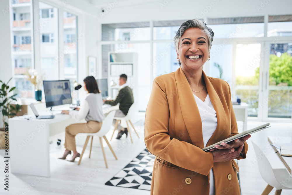 Tablet, senior woman and portrait in a office with web management and and business success. Mature b