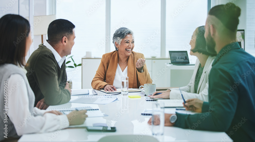 Happy, talking and business people in a meeting for a discussion, project or planning together. Smil