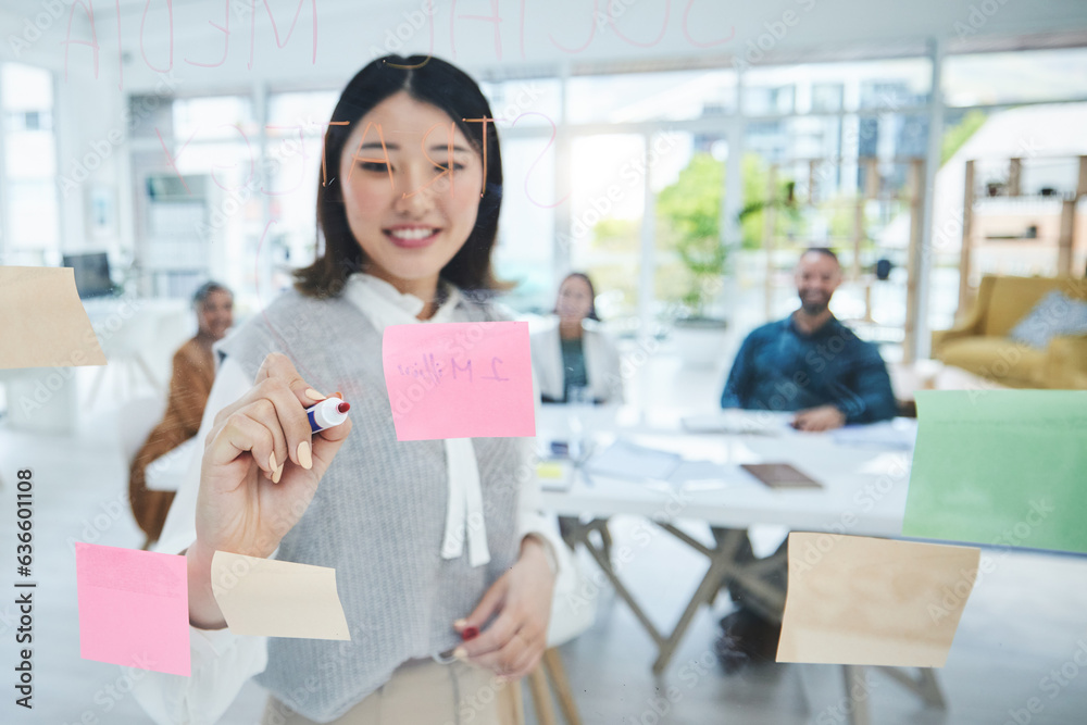 Woman, glass board and planning, writing and sticky note with team leader, workshop business ideas a