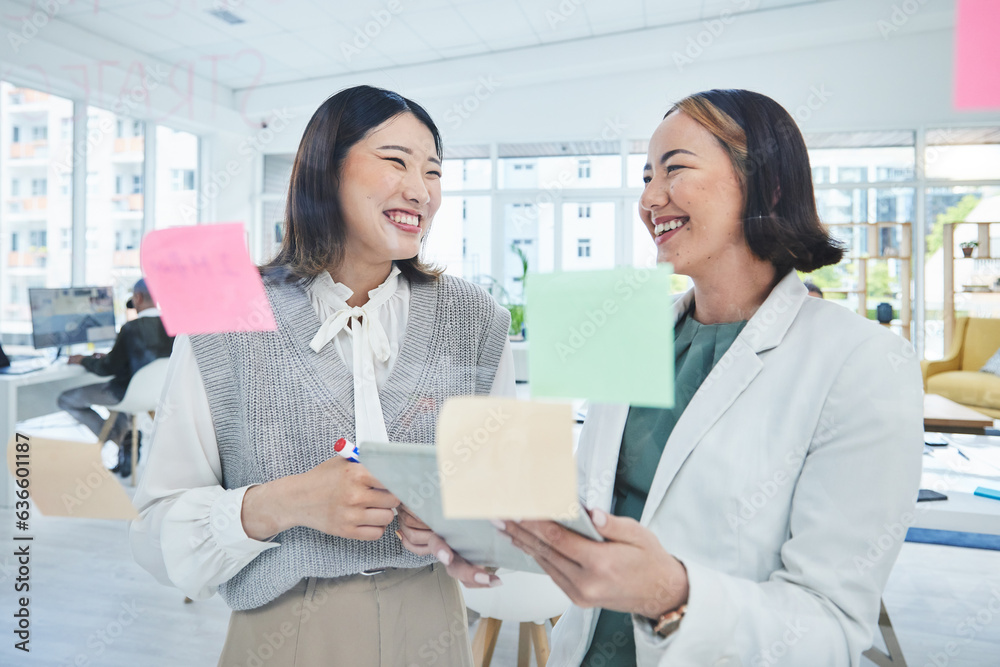 Business women, teamwork and planning on glass board for marketing timeline, calendar and happy idea