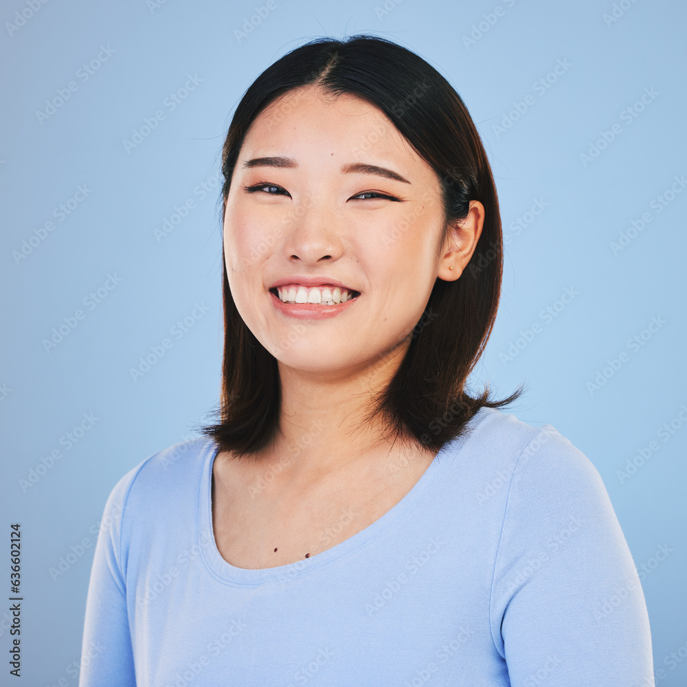 Happy, smile and portrait of Asian woman in a studio with a natural, makeup and beauty face. Self ca