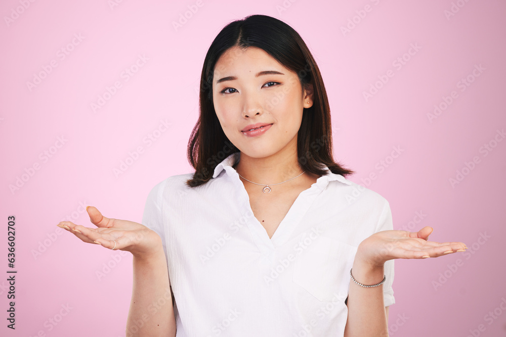 Doubt, decision and portrait of Asian woman on pink background for unsure, uncertainty and question.