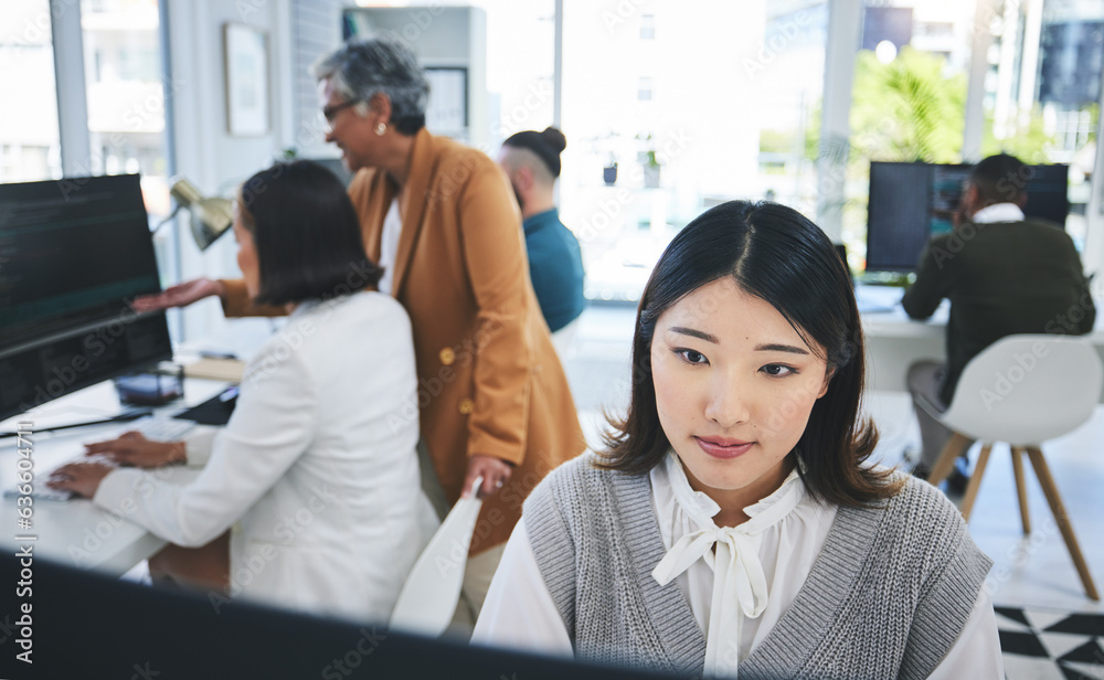 Programming, software and computer with business woman in office for coding, developer and informati