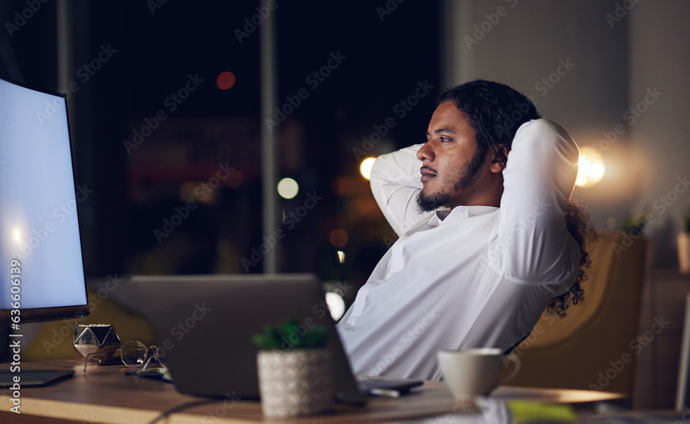 Thinking, night and a business man in his office to relax or finish a task for project management or