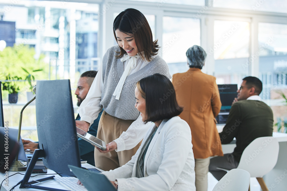 Business women, teamwork and computer, tablet or technology for multimedia marketing and collaborati